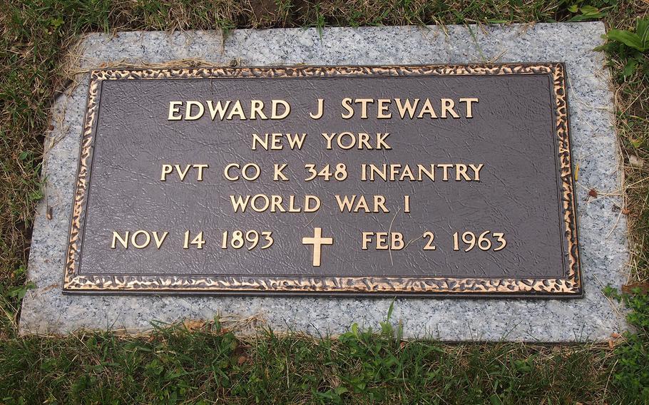 The new gravestone of Private Edward Stewart, a World War I veteran whose grave at the St. Agnes Cemetery in Menands, N.Y.  remained unmarked from 1963 until this year.