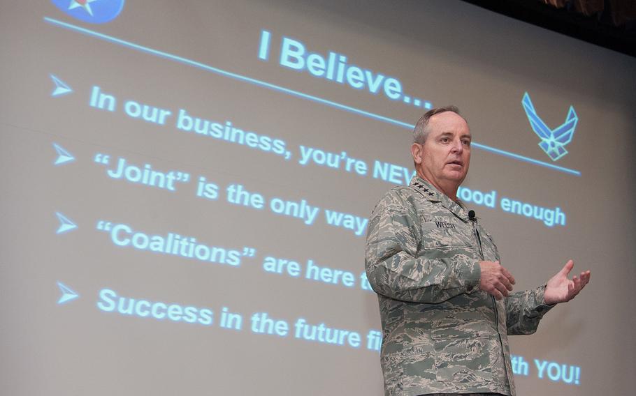 General Mark A. Welsh, III, Chief of Staff of the US Air Force, addresses Air Command and Staff College class of 2016 at Wood auditorium, April 13, 2016.  