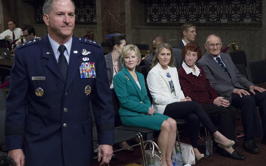 Air Force Chief of Staff nominee Gen. David L. Goldfein awaits the start of his Senate Armed Services Committee confirmation hearing on Capitol Hill, June 16, 2016. In the background are his wife, Dawn; daughter, Diana; mother, Mary; and father, Bill.