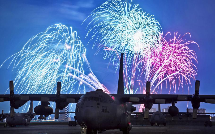 In this July 4, 2012 file photo, fireworks burst over Yokota Air Base, Japan during "Celebrate America." Officials said U.S. military isntallations in Japan will not have firework displays or band performances in upcoming Independence Day celebrations "demonstrate solidarity and our unwavering respect" for Rina Shimabukuro, the slain 20-year-old Okinawan woman allegedly raped and murdered by Kenneth Franklin Gadson.  