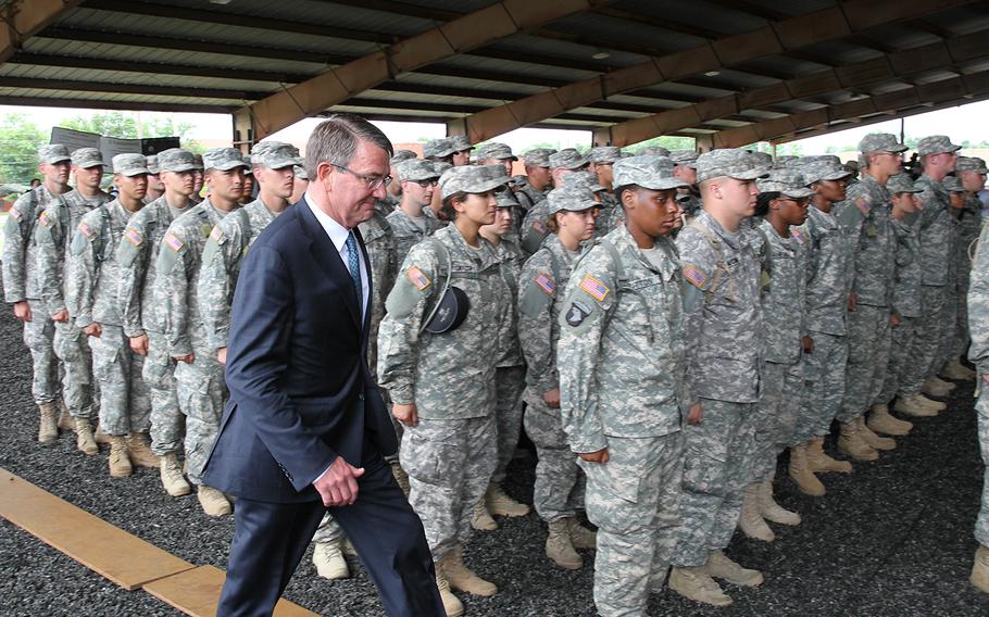 Secretary of Defense Ash Carter prepares to speak to U.S. Army Cadet Command cadets who are at Fort Knox to complete their Cadet Summer Training on June 22, 2016. 