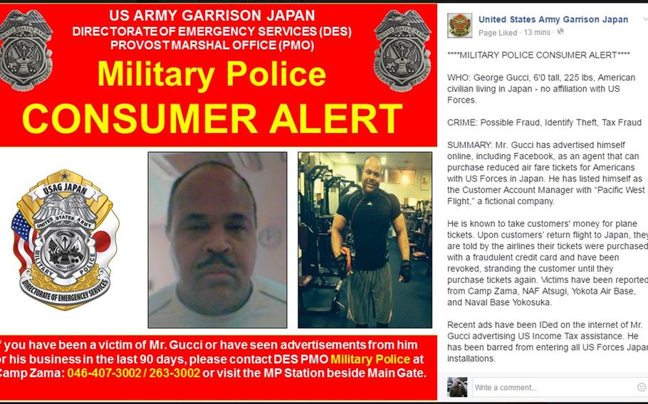 Suspected con artist George Gucci is pictured in this alert posted to Facebook by United States Army Garrison Japan. Gucci is alleged to have bilked U.S. military families in Japan out of more than $20,000 for airline tickets that were never provided. 