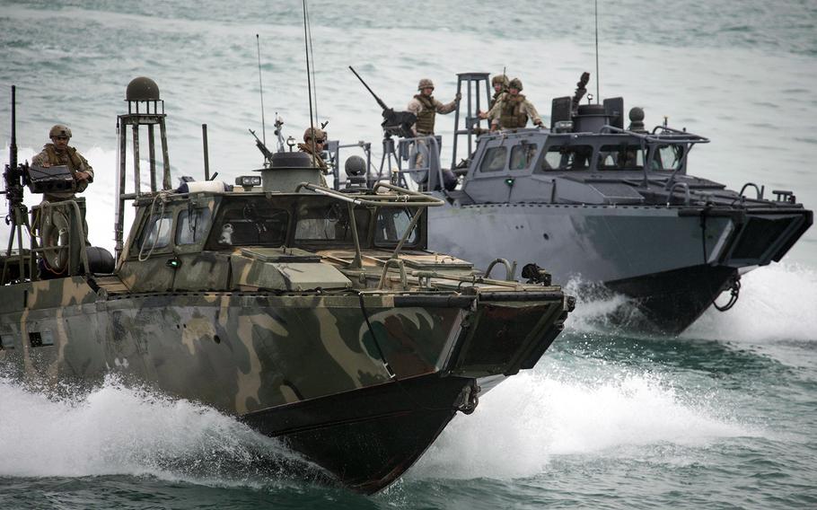 Riverine Command Boats 802 and 805 participate in a bilateral exercise with Kuwait naval forces in the Persian Gulf, on Nov. 3, 2015.
