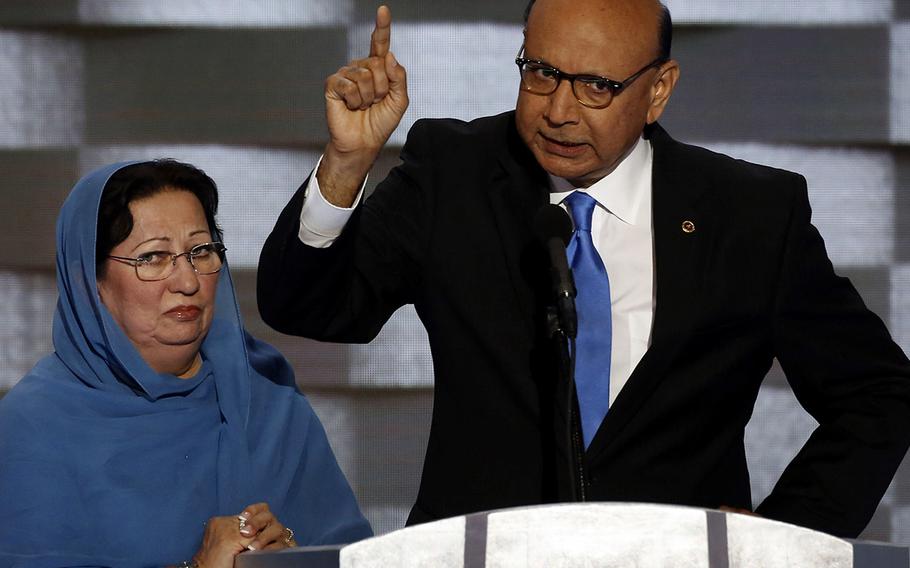 Khizr Khan speaks during the Democratic National Convention in Philadelphia on Thursday, July 28, 2016.