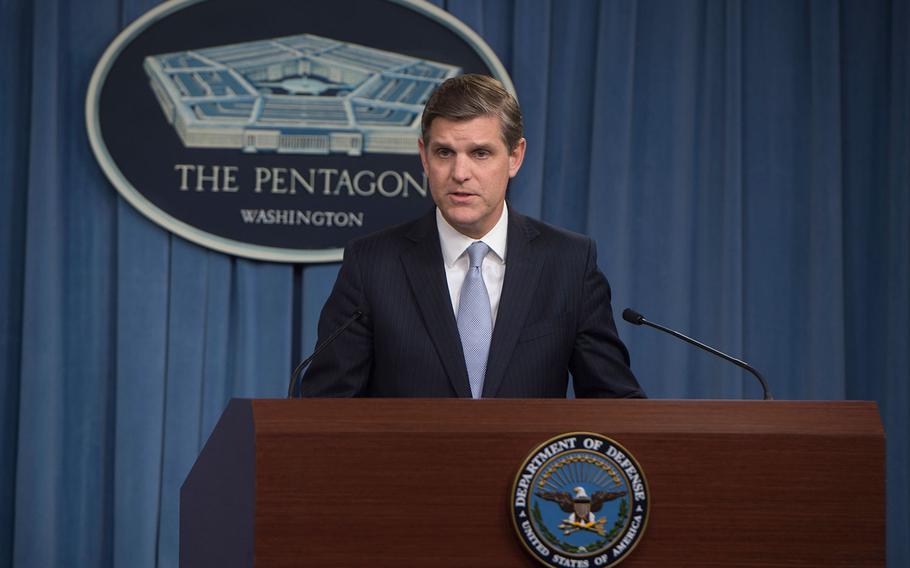 Pentagon Press Secretary Peter Cook briefs reporters at the Pentagon, Aug. 22, 2016.