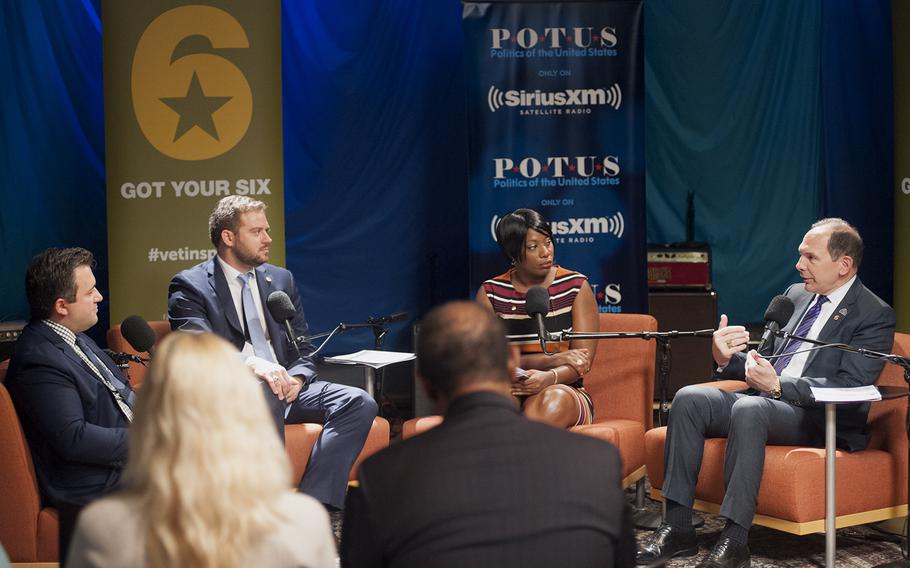 Veterans Affairs Secretary Robert McDonald answers a question during a Sirius XM studio interview in Washington, D.C., on Thursday, Sept. 29, 2016. Joining McDonald in the panel discussion were Janaia DeShields, Points of Light vice president of veteran and military programs; Bill Rausch, executive director of the Got Your 6 organization; and show host Jared Rizzi, at left.