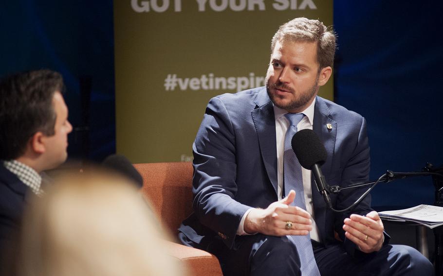 Bill Rausch, executive director of the Got Your 6 organization, discusses various veterans issues during a Sirius XM studio panel discussion in Washington, D.C., on Thursday, Sept. 29, 2016, as show host Jared Rizzi, left, listens.