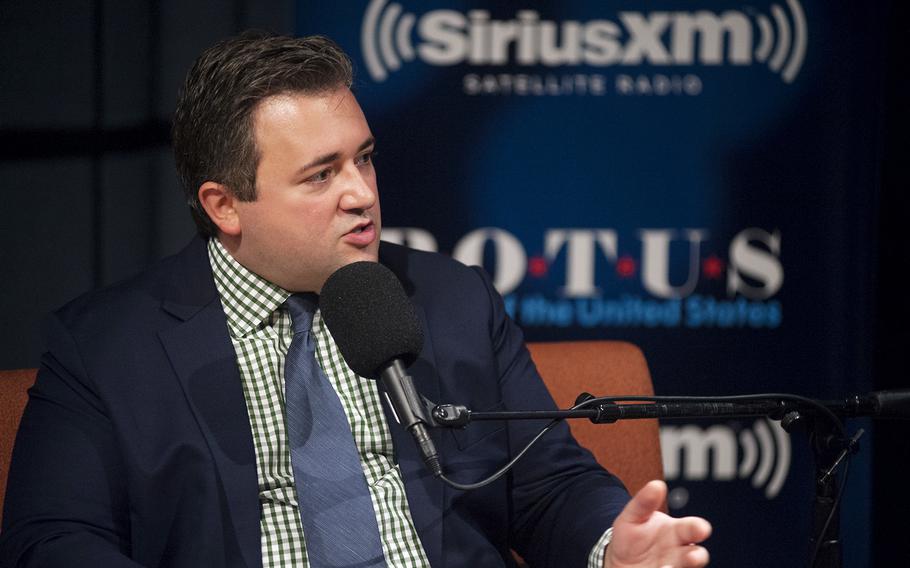 Jared Rizzi addresses veterans issues while hosting a panel discussion in a Sirius XM studio in Washington, D.C., on Thursday, Sept. 29, 2016.