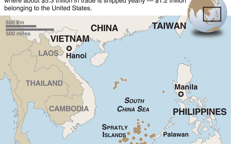 Map locating Scarborough Shoal off the coast of the Philippines in the South China Sea and claimed by both the Philippines and China.