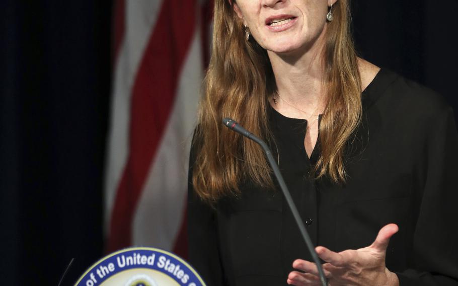 U.S. Ambassador to the United Nations Samantha Power answers a reporter's question during a news conference in Seoul, South Korea, Sunday, Oct. 9, 2016. Power arrived South Korea on Saturday and visited the Panmunjom which has separated the two Koreas since the Korean War and also met South Korean government officials during the visit.