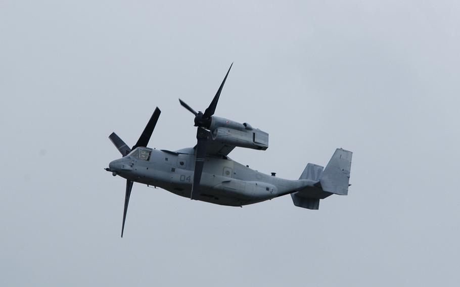 An MV-22 Osprey tilt-rotor aircraft flies over Crow Valley, Philippines on Monday.