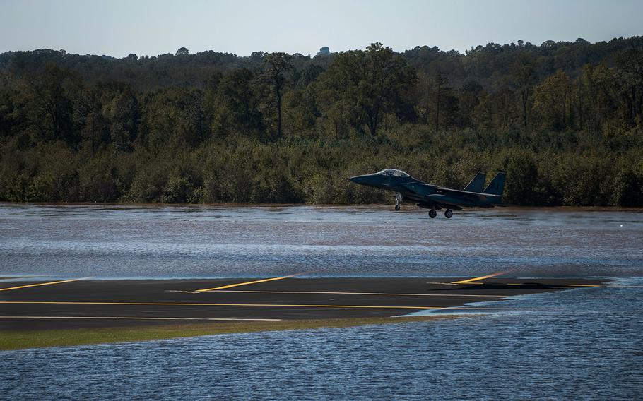 An F-15E Strike Eagle from the 336th Fighter Squadron lands on the runway, Oct. 11, 2016, at Seymour Johnson Air Force Base, North Carolina. More than 40 Strike Eagles were sent to Barksdale Air Force Base in Louisiana ahead of Hurricane Matthew to avoid potential damage from severe weather associated with the storm.