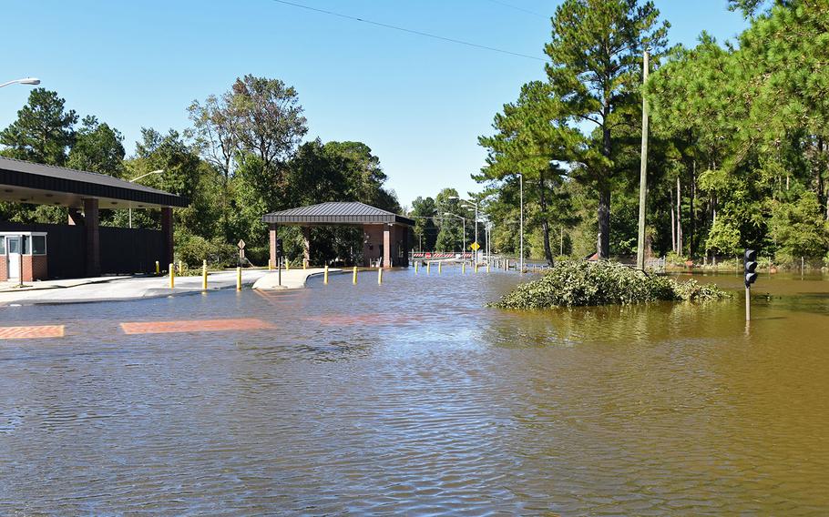 Water floods Slocumb Gate during Hurricane Matthew on Oct. 9, 2016 at Seymour Johnson Air Force Base, North Carolina. 