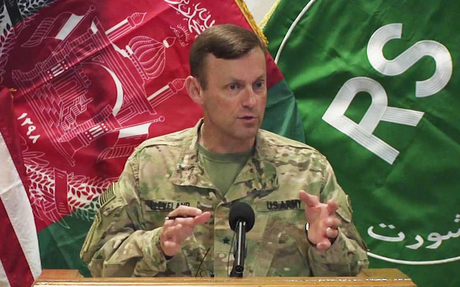 Spokesman for U.S. Forces-Afghanistan, Brig. Gen. Charles Cleveland, speaks at a press conference Resolute Support HQ on Oct. 12, 2016.