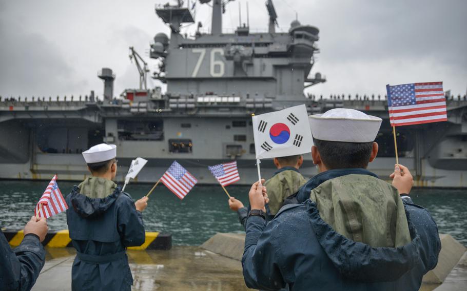 Nimitz-class aircraft carrier USS Ronald Reagan arrives at the Republic of Korea fleet base in Busan for a routine port visit as part of a regularly scheduled deployment.