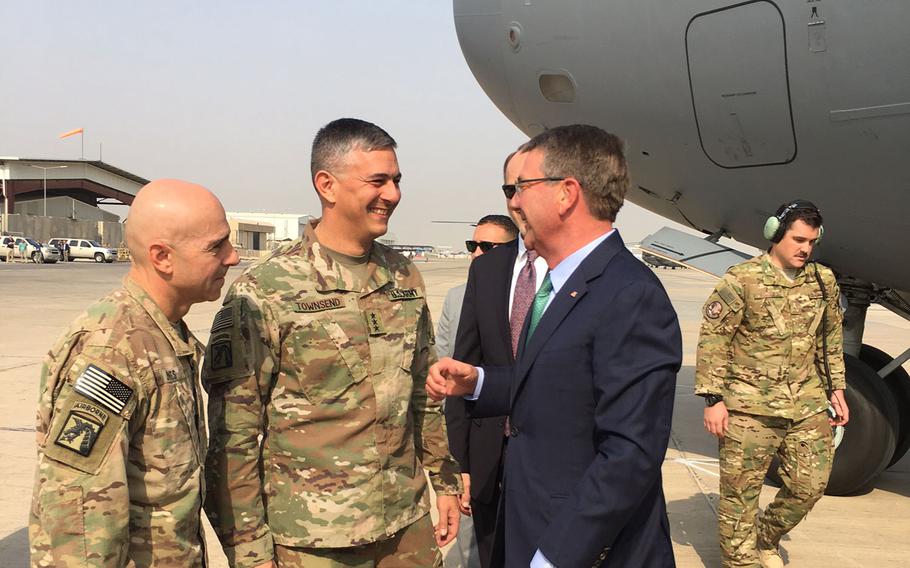 Secretary of Defense Ash Carter is greeted in Baghdad by Lt. Gen. Stephen Townsend, the commander of all U.S. Forces in Iraq and Syria. Carter is in Iraq to discuss the progress in the battle for Mosul and the plans for the city after it falls.