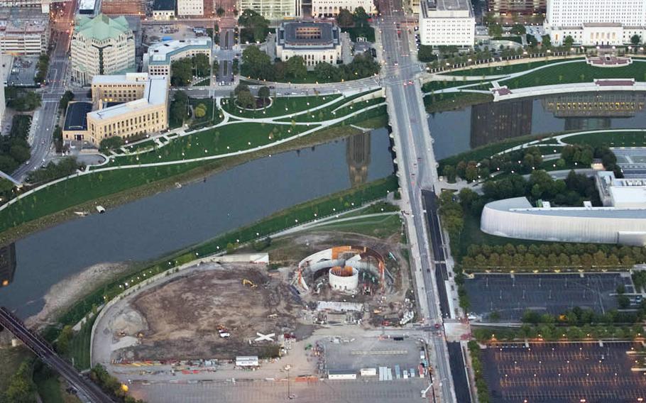 An aerial photo taken Oct. 3 shows the ongoing construction of the museum, which will be located on seven acres on the Scioto Peninsula in downtown Columbus. 
