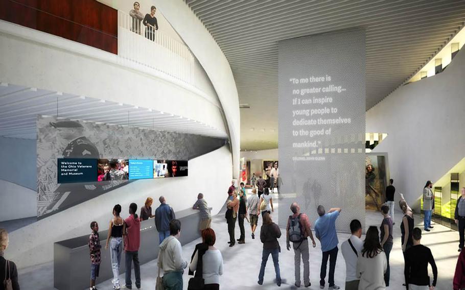 The museum will contain stories from individual veterans, including details of their service and their challenges and achievements after. This rendering shows a quote near the museum's entrance from John Glenn, a World War II veteran, astronaut and former U.S. senator who was behind the effort to create the museum.