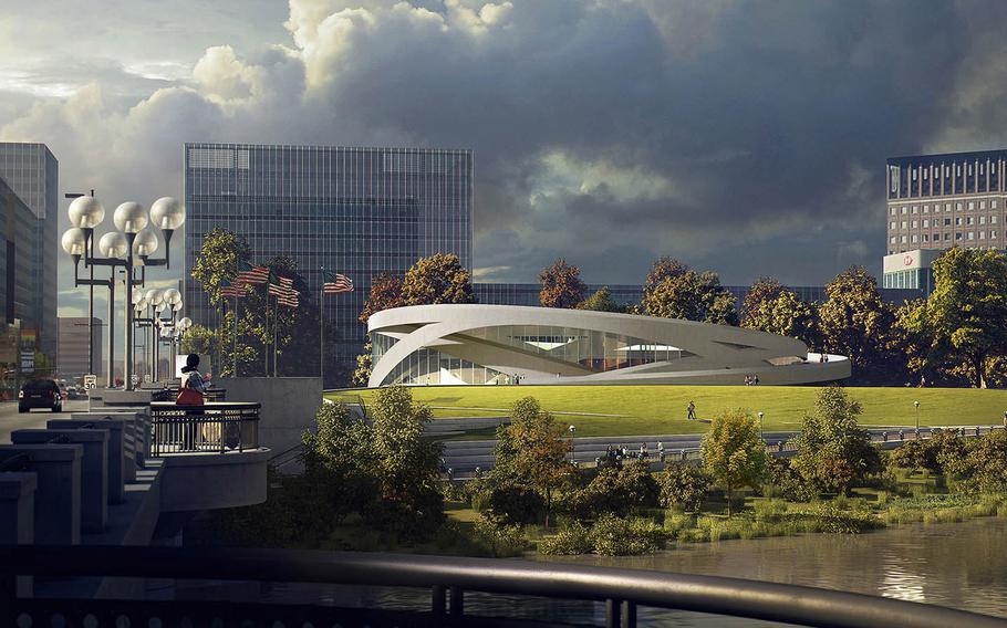 The National Veterans Memorial and Museum is an approximately $75 million facility being constructed in downtown Columbus, Ohio. With congressional approval, the museum would become the first national museum dedicated to veterans. This rendering shows the building and its seven-acre site from across the Scioto River. 

