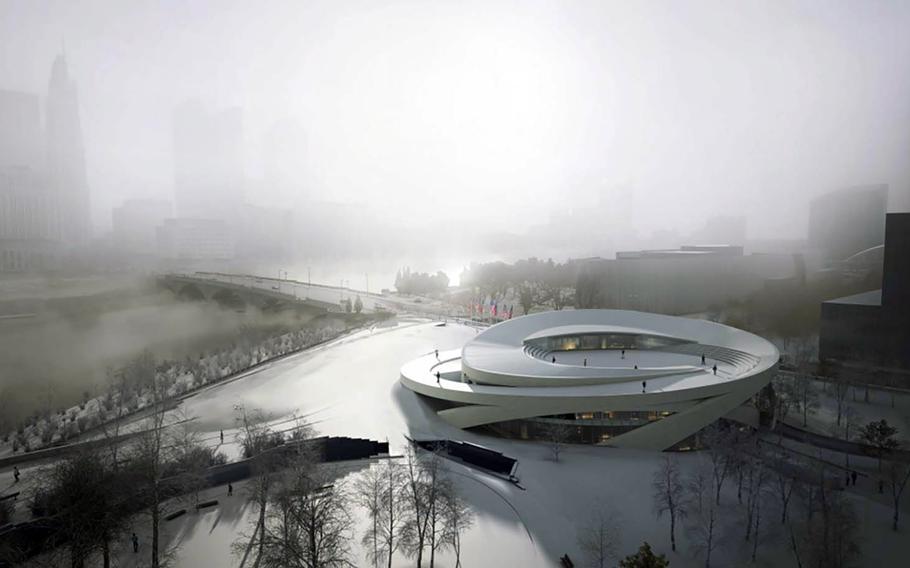 The National Veterans Memorial and Museum, under construction in downtown Columbus, Ohio, will feature personal stories of veterans, including their military service and their lives after. This rendering, facing east toward the Scioto River, shows the museum with a planned rooftop "sanctuary."
