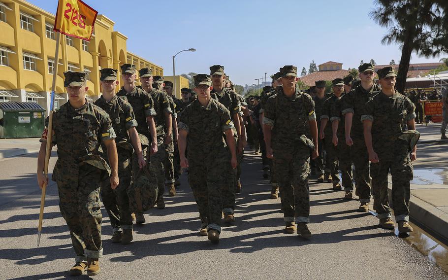 Recruits from Fox Company, 2nd Recruit Training Battalion, march back to their squad bay after getting their hair cut at Marine Corps Recruit Depot San Diego, Oct. 25, 2016. Annually, more than 17,000 males recruited from the Western Recruiting Region are trained at MCRD San Diego. 