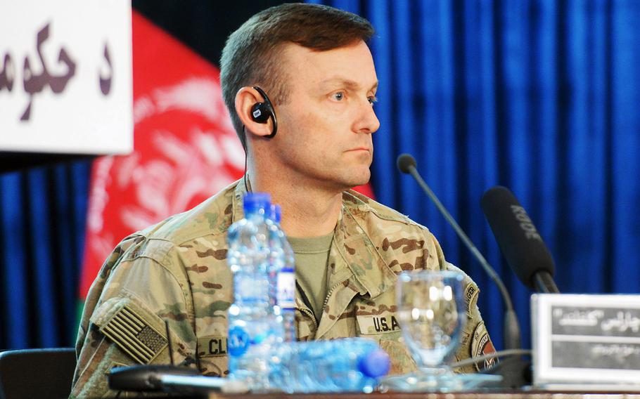 Brig. Gen. Charles Cleveland, spokesman for U.S. and NATO forces in Afghanistan, answered questions at a briefing in Kabul on Saturday, Nov. 5, 2016, after an operation in Kunduz days earlier left two U.S. servicemembers, several Afghan commandos and possibly scores of civilians dead. 