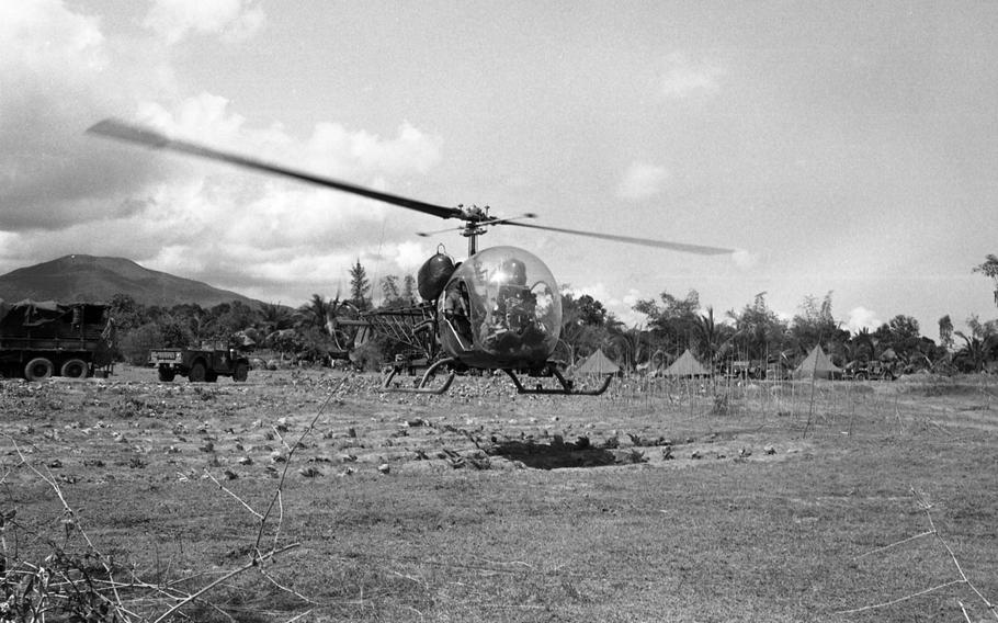 Scout H-13 helicopters land and take off during Operation Masher at Bong Son, Vietnam. Here they refuel, change pilots and get briefed on Jan. 29, 1966. 