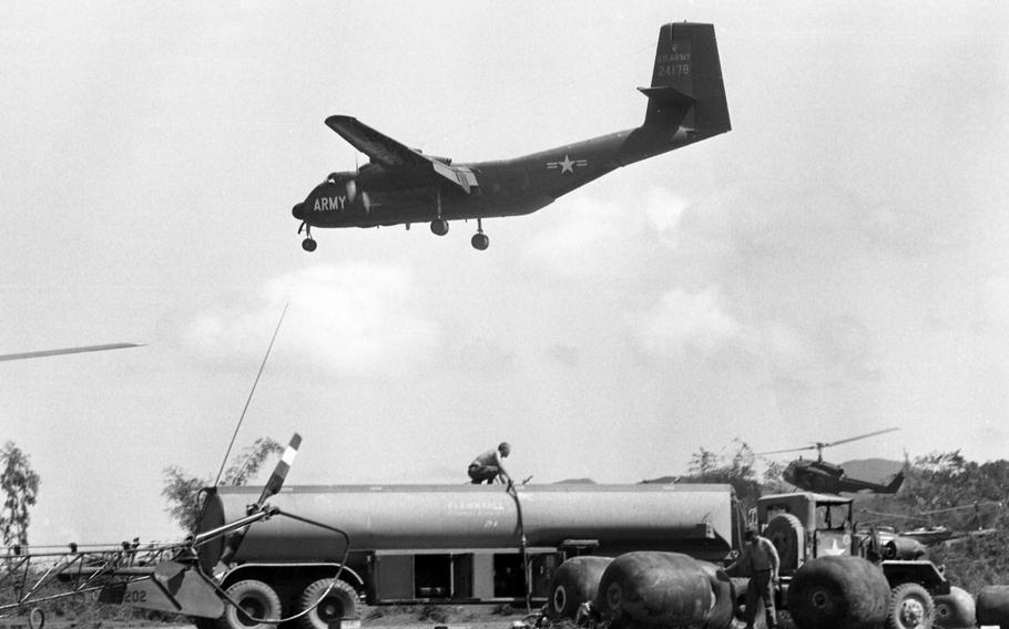 Planes and helicopters land and take off during Operation Masher at Bong Son, Vietnam. Here, they refuel and change pilots on Jan. 29, 1966. 