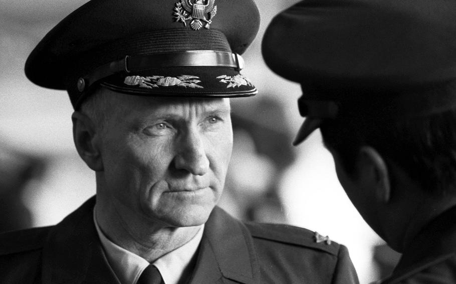 Col. Gail S. Halvorsen, the famed "Candy Bomber" of the Berlin airlift, during his farewell ceremony at Tempelhof Airport in February, 1974.