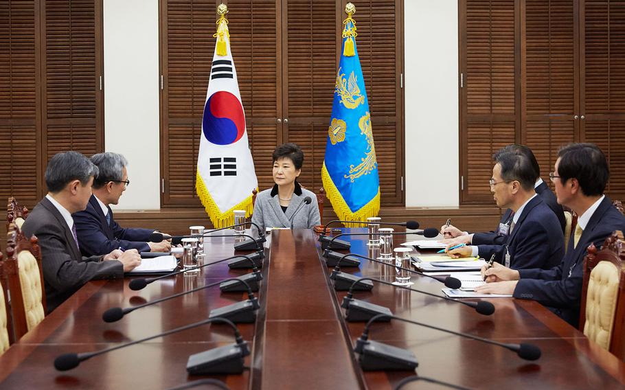South Korea’s President Park Geun-hye receives a briefing from her National Security Council, which convened on Wednesday, Nov. 9, 2016, in Seoul to discuss the ramifications of the U.S. presidential election.