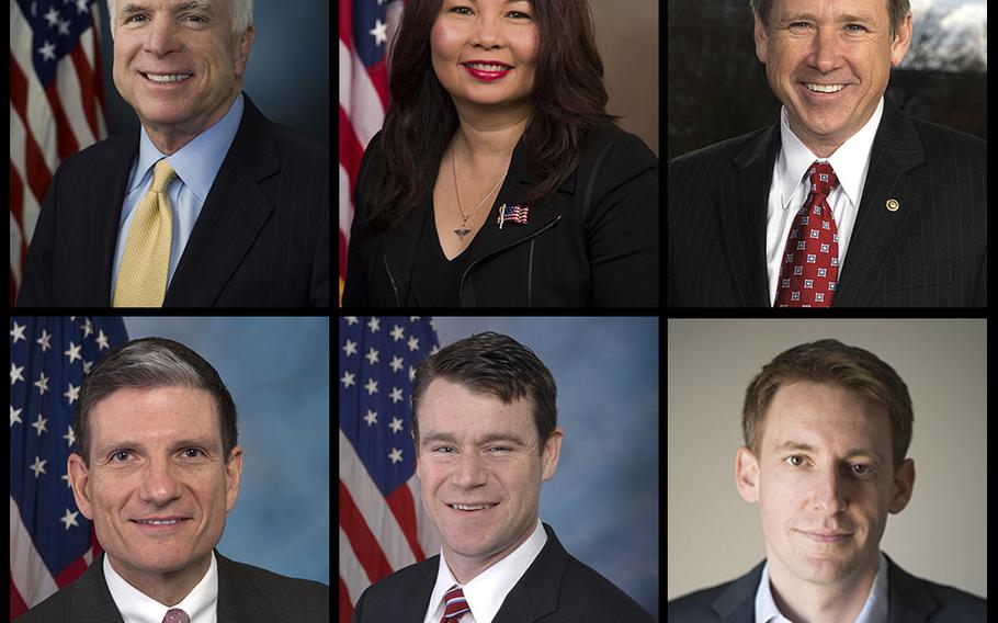 Clockwise from top left, Sen. John McCain, U.S. Rep. Tammy Duckworth, Sen. Mark Kirk, Army veteran Jason Kander, U.S Rep. Todd Young and U.S. Rep. Joe Heck.
