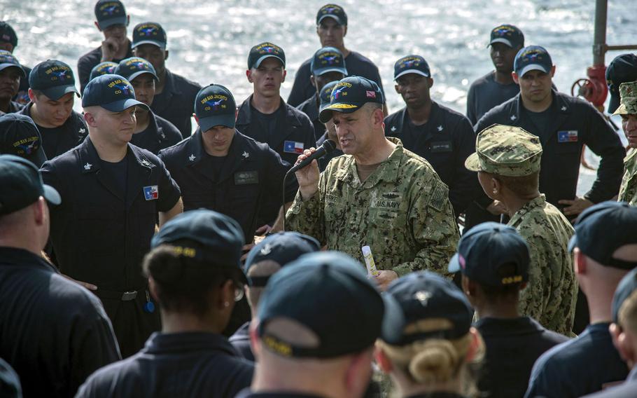 Chief of Naval Personnel Vice Adm. Robert Burke speaks with Sailors during an all hands call on the flight deck of the cruiser USS San Jacinto in the Persian Gulf on Oct. 30, 2016. Burke announced Wednesday that the personal data of more than 130,000 sailors has been compromised by a contractor's laptop computer.