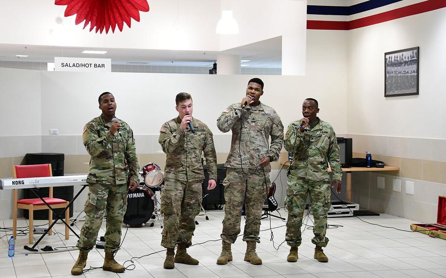 U.S. Army paratroopers assigned to the 173rd Airborne Brigade sing holiday music to celebrate Thanksgiving on Nov. 22, 2016 at Caserma Del Din in Vicenza, Italy. 