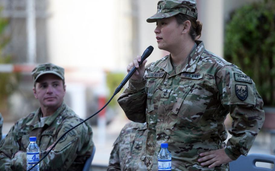 Navy Senior Chief Petty Officer Raina Hockenberry thanks servicemembers at NATO headquarters in Kabul on Saturday, Nov. 19, 2016 for "fighting the great fight." Hockenberry was wounded when an Afghan solider opened fire on her and her colleagues in 2014.