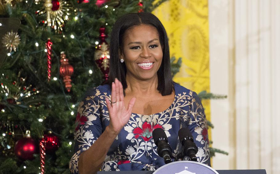 First Lady Michelle Obama welcomes military families to the White House to preview holiday decorations on Nov. 29, 2016.