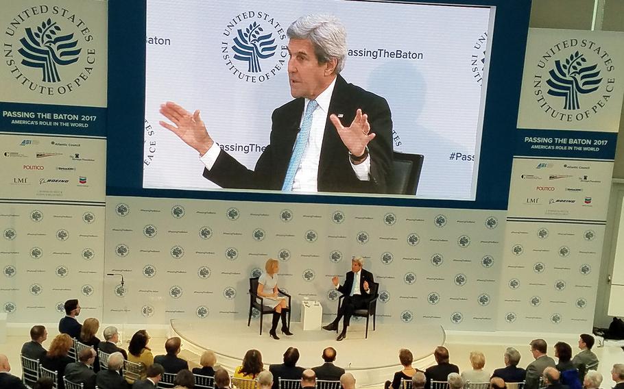 Outgoing Secretary of State John Kerry at the U.S. Institute of Peace conference on Tuesday in Washington. 
