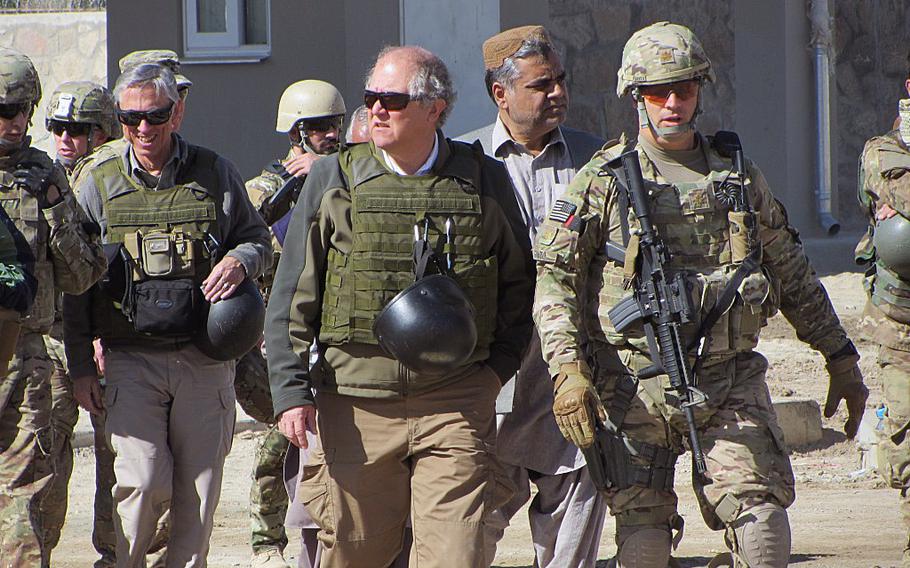 In this file photo, John Sopko, Special Inspector General for Afghanistan Reconstruction, center, tours facilities in Afghanistan. Sopko on Wednesday harshly criticized the lack of progress in the two years since NATO ended its combat mission, expressing the hope that his agency’s assessment would help guide White House and congressional policymaking in the coming year.