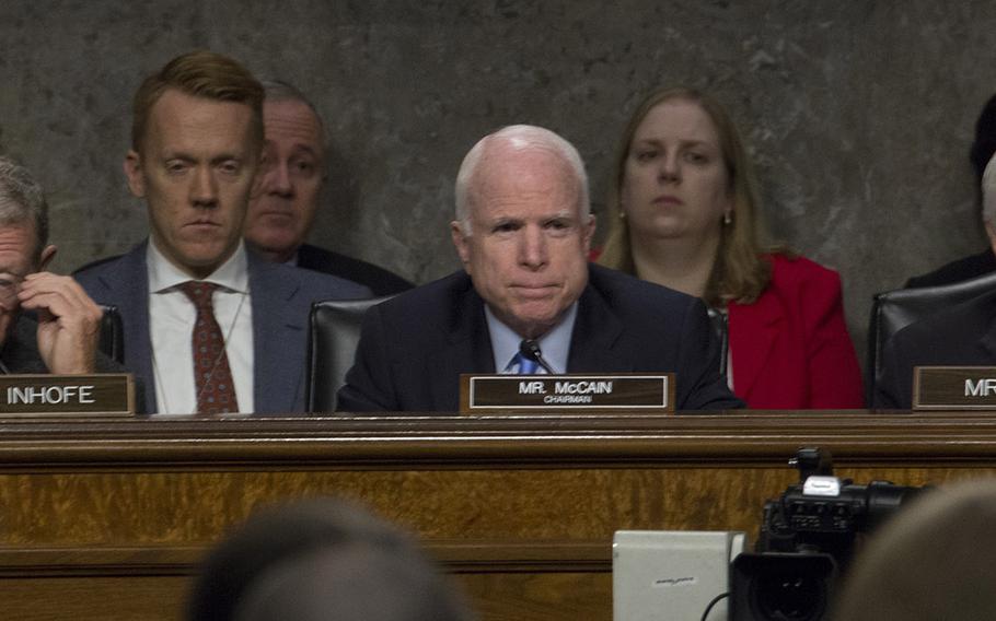 Sen. James Inhofe, R-Okla., Chairman Sen. John McCain, R-Ariz., and Ranking Member Sen. Jack Reed, D-R.I., at a Senate Armed Services Committee hearing in January, 2017.