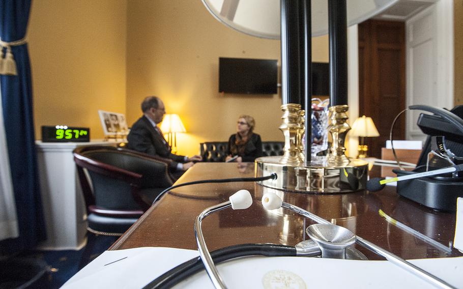 With a stethoscope lying on his desk in the foreground, Rep. Phil Roe, R-Tenn., speaks with Stars and Stripes reporter Nikki Wentling about his experience as a medical doctor as well as his new role as the recently designated chairman of the House Committee on Veterans' Affiairs in his office on Capitol Hill in Washington, D.C., on Thursday, Jan. 12, 2017.