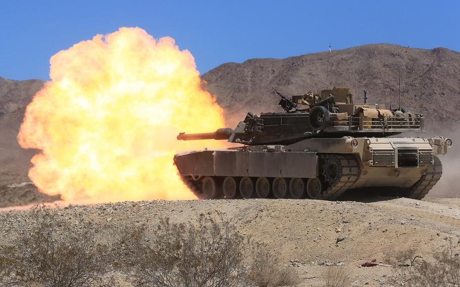 An M1A1 Abrams Main Battle Tank crew fires its 120 mm main gun at Twentynine Palms, Calif., Aug. 4, 2015. A recent Congressional Research Service report said the automatic-loading 125-mm guns on the Chinese MBT-3000 and the Russian T-14 Armata could “theoretically offer greater range and armor penetration" than the American 120-mm.