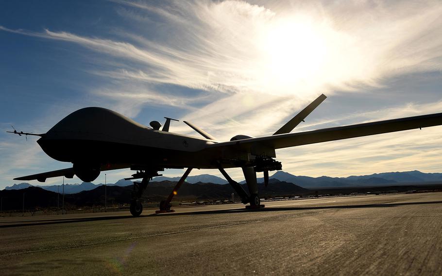 An MQ-9 Reaper sits on the flight line Nov. 22, 2016, at Creech Air Force Base, Nev. The Reaper is an evolution of the MQ-1 Predator and can carry four AGM-114 Hellfire missiles and two 500 pound bombs while being able to fly for 18-24 hour missions. 