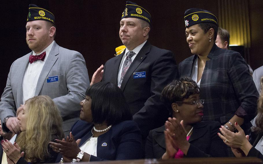 American Legion officials stand to be recognized during Secretary of Veterans Affairs nominee Dr. David Shulkin's Senate Committee on Veterans' Affairs confirmation hearing on Capitol Hill, Feb. 1, 2017.