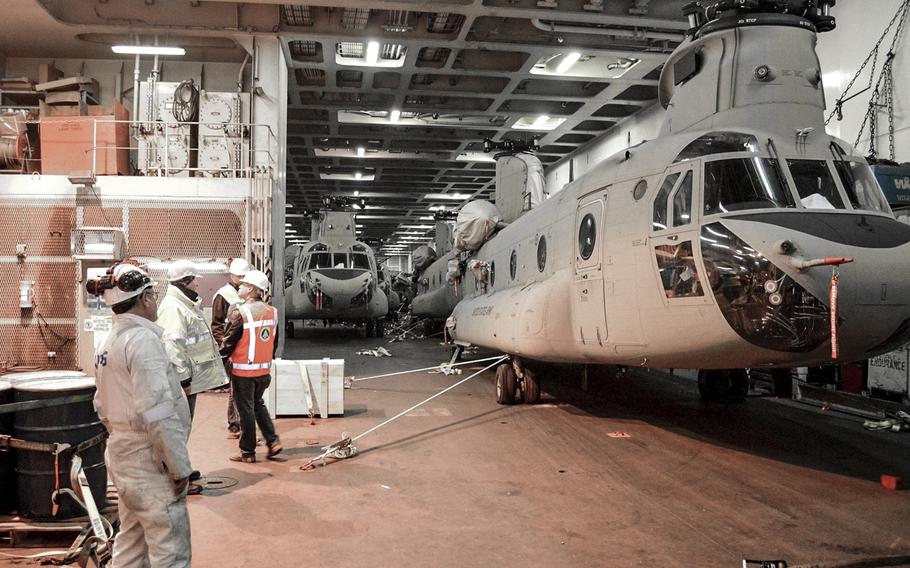 The 10th Combat Aviation Brigade unloading helicopters and support equipment at the seaport of debarkation in Antwerp, Belgium, on Wednesday, Feb. 8, 2017. 

Photo Courtesy U.S. Army