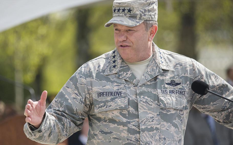 Then-U.S. Air Force General Philip M. Breedlove, outgoing commander, United States European Command (EUCOM) and NATO Supreme Allied Commander addresses the audience at the EUCOM Change of Command, 3 May, 2016.