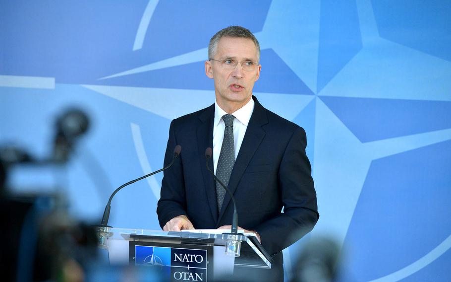 NATO Secretary-General Jens Stoltenberg speaks to the press at NATO headquarters in Brussels on Wednesday, Feb. 15, 2017.