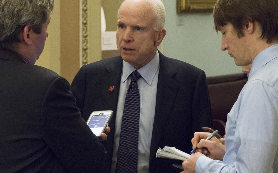 Sen. John McCain, R-Ariz., is interviewed at the U.S. Capitol, Feb. 15, 2017.