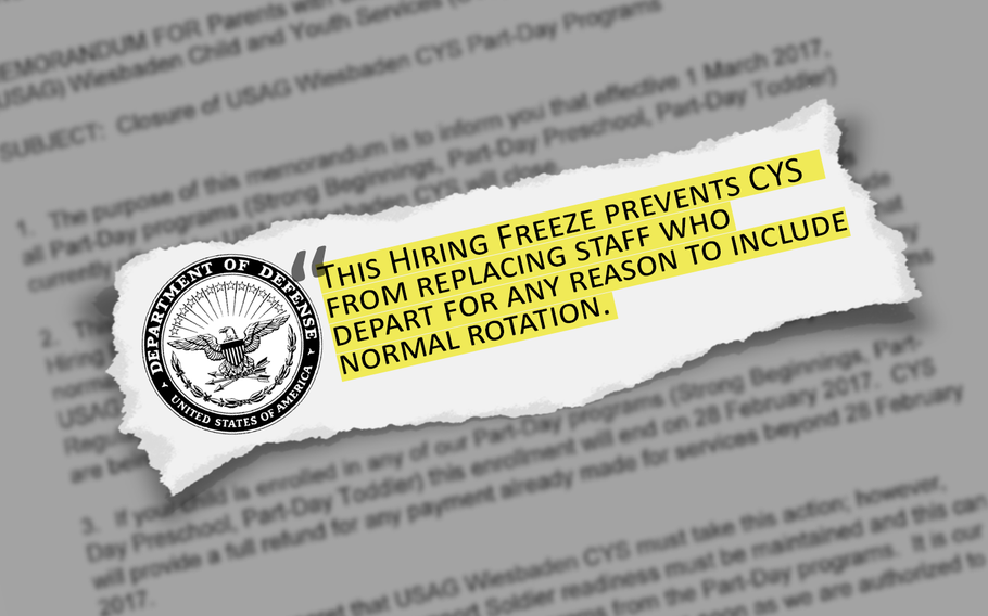 Children and Youth Services at U.S. Army Garrison Wiesbaden, Germany, will be restricted starting March 1, 2017, due to a hiring freeze that has caused staffing shortages. A similar cutback will take place at the CYS in Fort Knox, Ky.