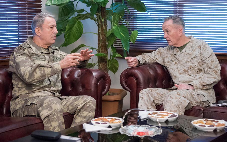 Marine Corps Gen. Joseph F. Dunford Jr., chairman of the Joint Chiefs of Staff, meets with Turkish Gen. Hulusi Akar, chief of the Turkish General Staff, on Feb. 17, 2017 in Turkey.