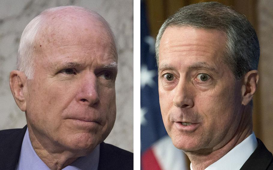 Sen. John McCain, R-Ariz., left, and Rep. Mac Thornberry, R-Texas,  are pushing for a $640-billion base defense budget.