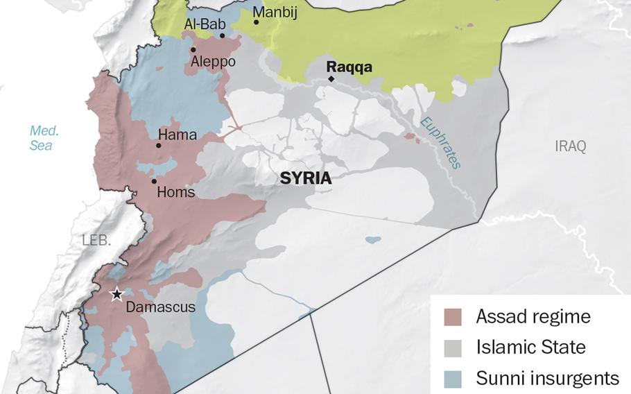 A map showing who's in control of various parts of Syria, as of February 27.